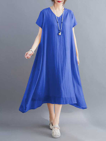 A-Line Loose Solid Color V-Neck Midi Dresses