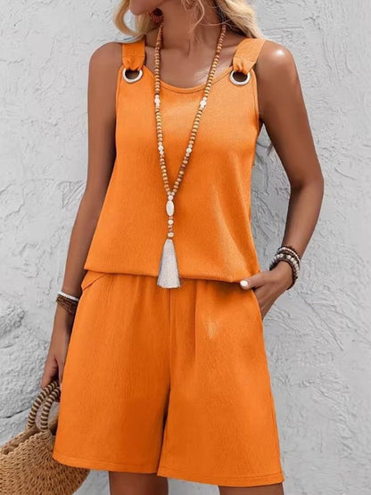 Loose Solid Color Round-Neck Sleeveless Hollow Blouses&Shirts Tops + Pockets Shorts Bottoms Two Pieces Set
