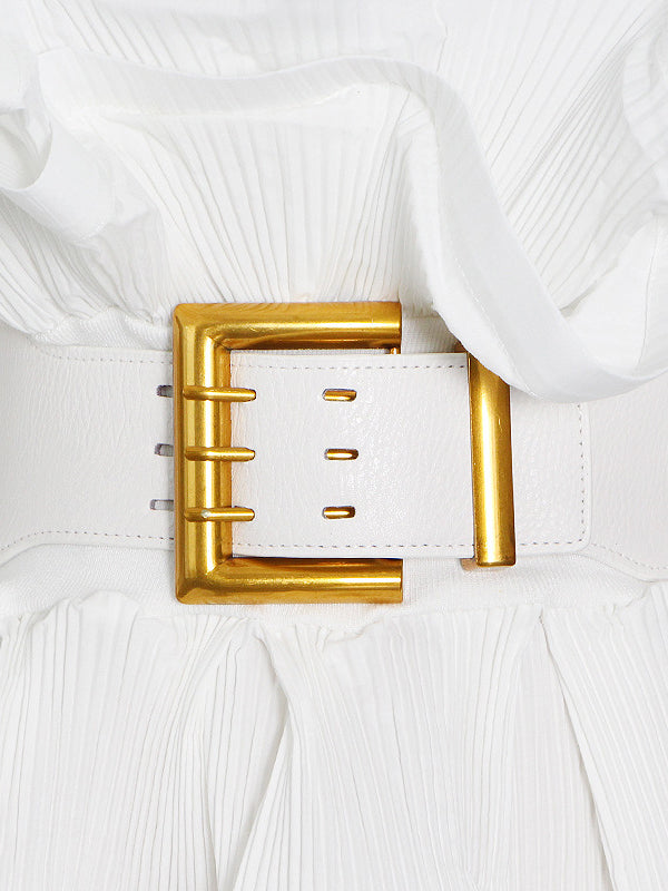 Stylish Loose Long Sleeves Buttoned Falbala Belted Solid Color Stand Collar Blouses&Shirts Tops