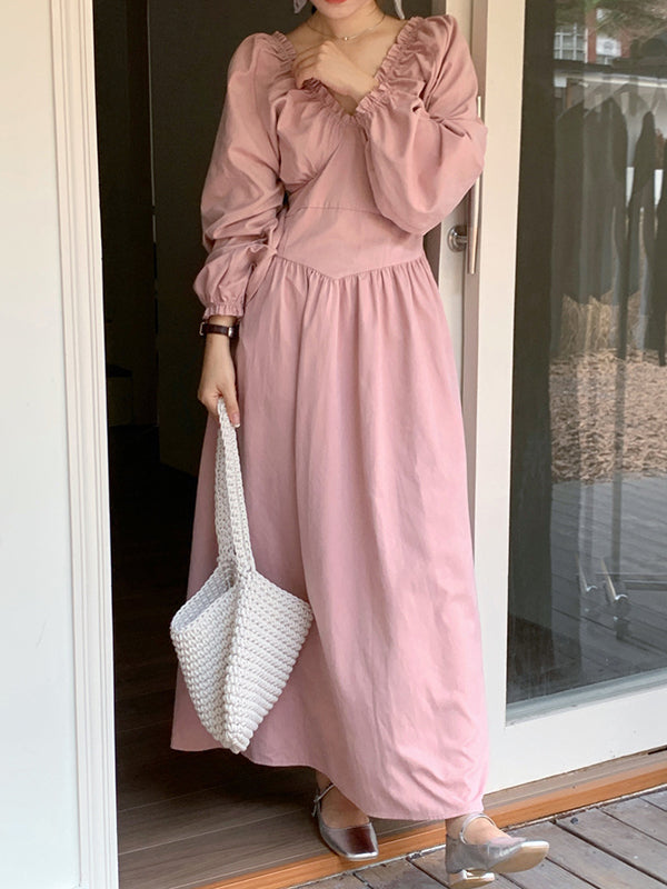 Bishop Sleeve Long Sleeves Elasticity Pleated Ruffled Solid Color Split-Joint Deep V-Neck Midi Dresses