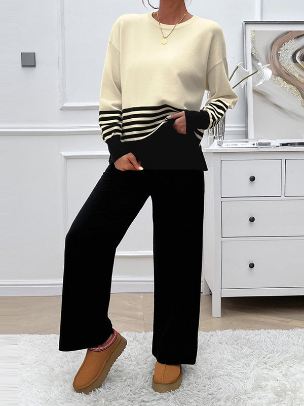 Long Sleeves Loose Contrast Color Split-Side Striped Round-Neck Sweater Top + Pants Bottom Two Pieces Set