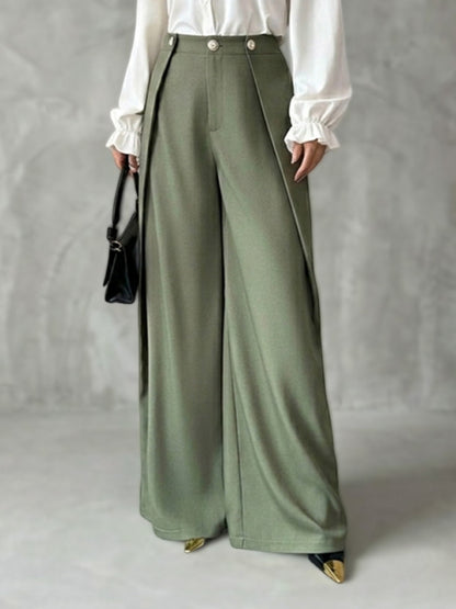 High Waisted Wide Leg Buttoned Solid Color Pants Trousers