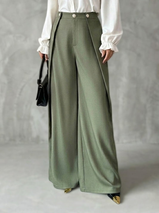 High Waisted Wide Leg Buttoned Solid Color Pants Trousers