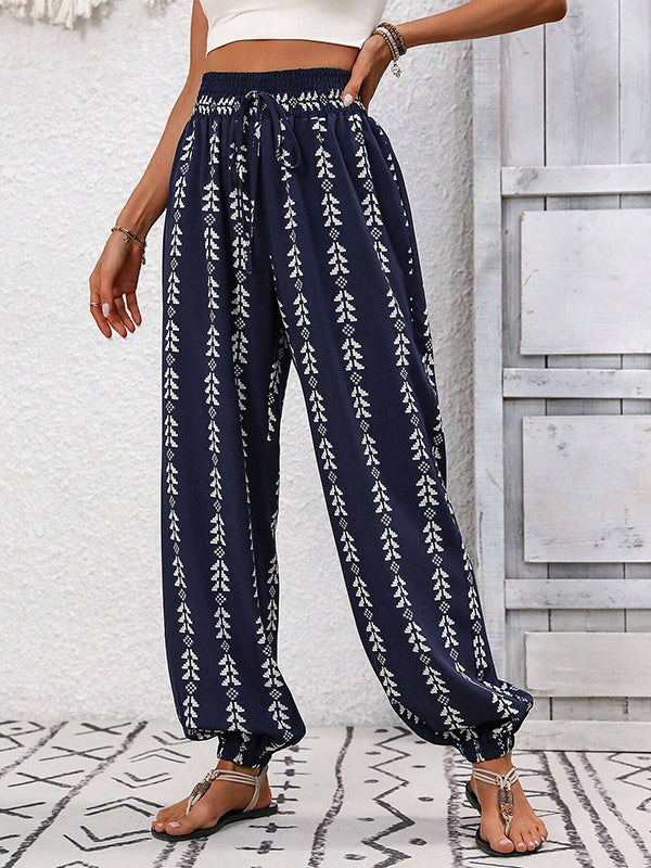 High Waisted Loose Drawstring Elasticity Pleated Printed Knickerbockers Pants Trousers