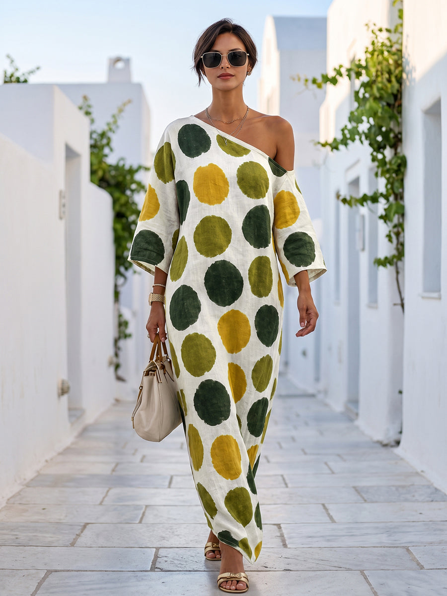 Polka-Dot Pockets Contrast Color Asymmetric Three-quarter Sleeves Loose One-shoulder Maxi Dresses