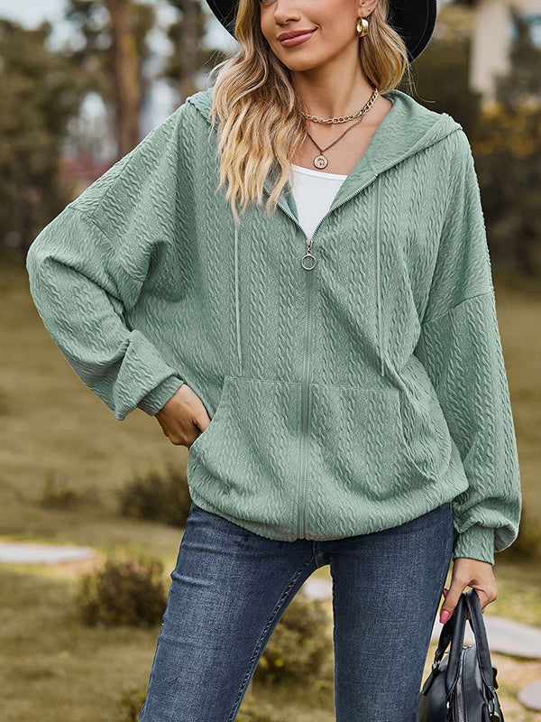 Long Sleeves Loose Drawstring Hooded Pockets Solid Color Zipper V-Neck Outerwear