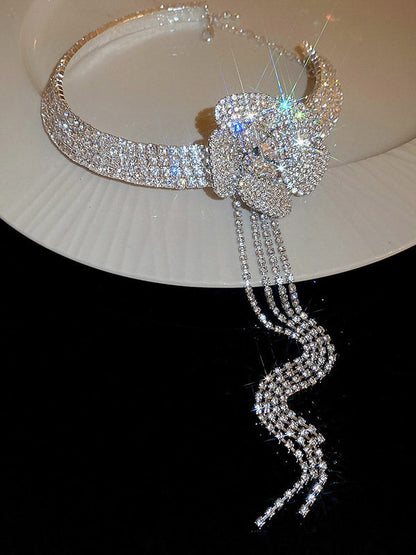 Flower Shape Rhine Stones Tasseled Necklaces Accessories
