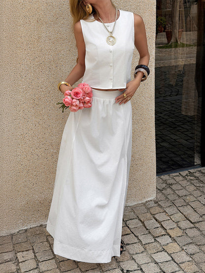 Loose Sleeveless Buttoned Solid Color Split-Side Round-Neck Vest Top + Pants Bottom Suits