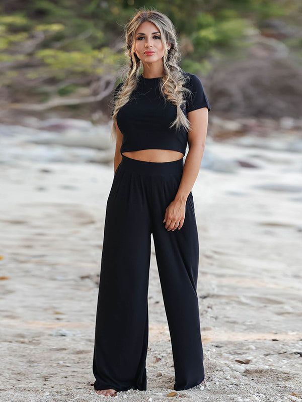 Simple Solid Color T-Shirt & Pants Two Pieces Set