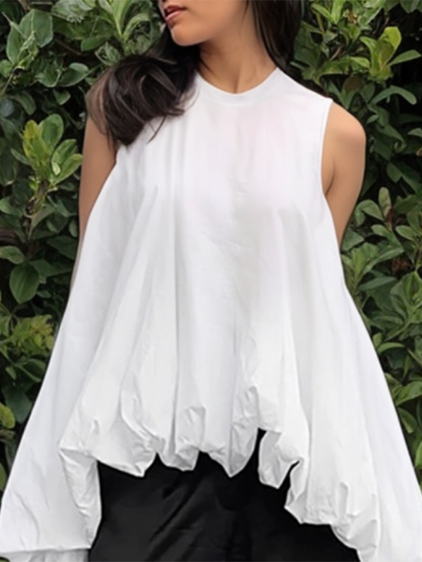 High-Low Loose Pleated Round-Neck Vest Top