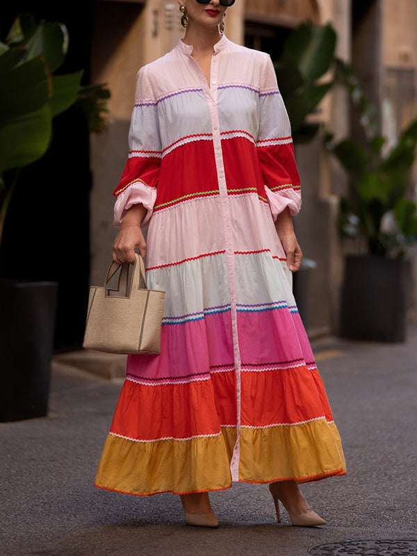 Puff Sleeves Contrast Color Split-Joint Round-Neck Maxi Dresses Shirt Dress