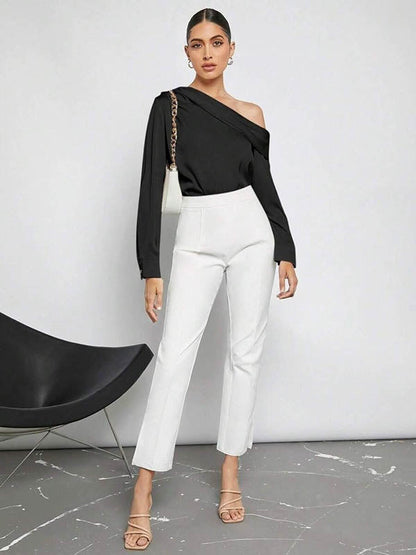 Long Sleeves Skinny Pleated Solid Color Split-Joint One-Shoulder Blouses&Shirts Tops