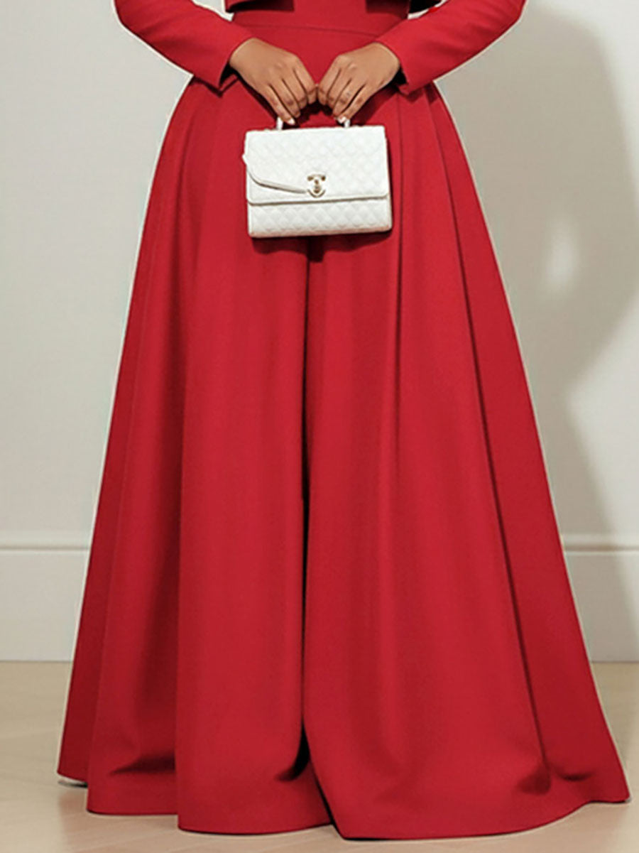 Elasticated Waist High Waisted Big Hemline Pleated Pockets Solid Color Zipper Wide Leg Pants