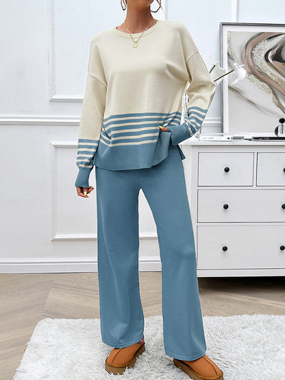 Long Sleeves Loose Contrast Color Split-Side Striped Round-Neck Sweater Top + Pants Bottom Two Pieces Set