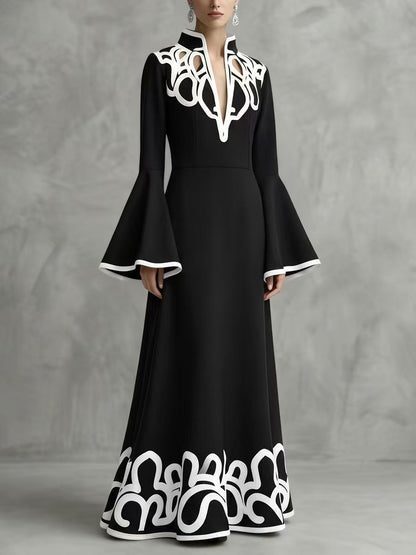 A-Line Flared Sleeves Abstract Printed Contrast Color Hollow Line Split-Joint Stand Collar Maxi Dresses