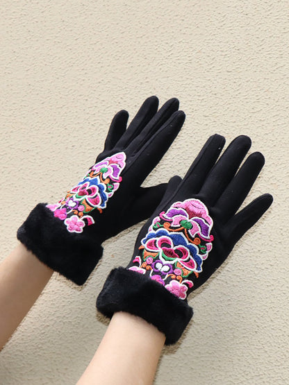 Women Artsy Winter Embroidery Fleece-lined Gloves