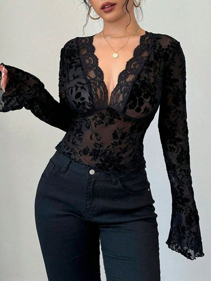 Flared Sleeves Long Sleeves Solid Color Deep V-Neck T-Shirts