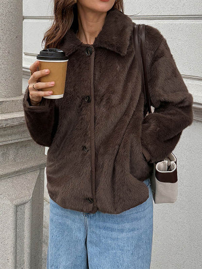 Long Sleeves Loose Buttoned Pockets Solid Color Split-Joint Lapel Outerwear