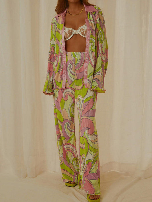 Long Sleeves Loose Buttoned Print Pleated Lapel Shirts Top + Elasticity Pants Bottom Two Pieces Set