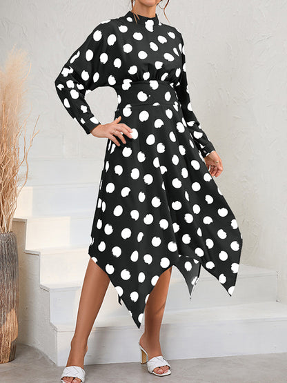 A-Line Long Sleeves Elasticity Hollow Polka-Dot Mock Neck Midi Dresses