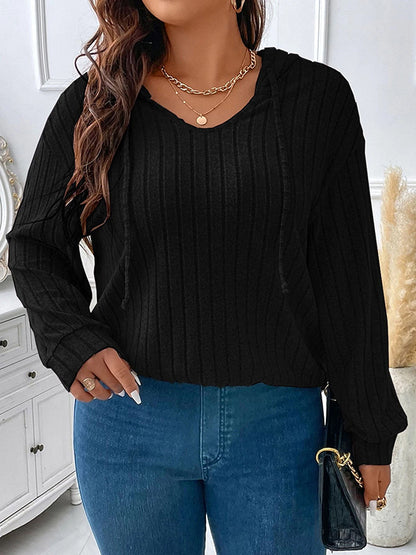 Hooded Long Sleeves Drawstring Solid Color V-Neck T-Shirts Tops