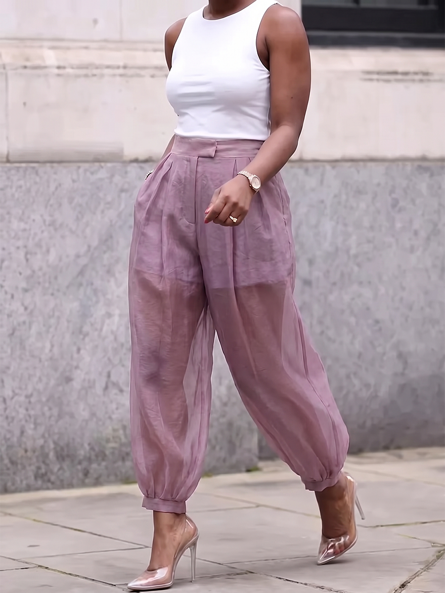 Split-Joint Solid Color Pockets Pleated Buttoned High Waisted Trousers Pants