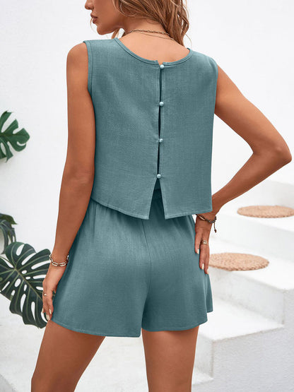 Loose Sleeveless Buttoned Drawstring Elasticity Pockets Solid Color Round-Neck Shorts Bottoms + Tank Top Two Pieces Set