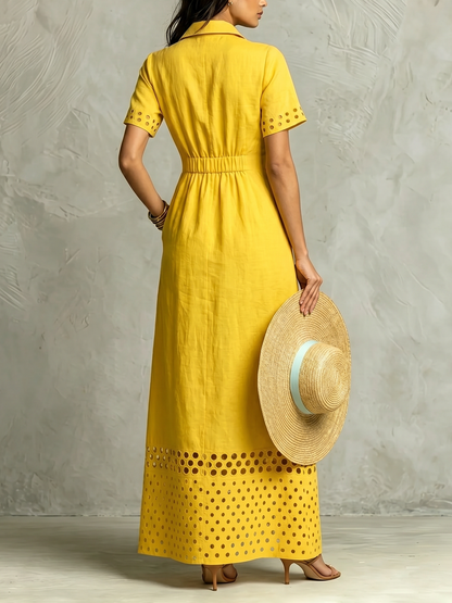 High Waisted Loose Buttoned Elasticity Hollow Pockets Solid Color Split-Front Lapel Maxi Dresses