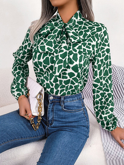 Bishop Sleeve Long Sleeves Bow-Embellished Elasticity Tied Mock Neck Blouses&Shirts Tops