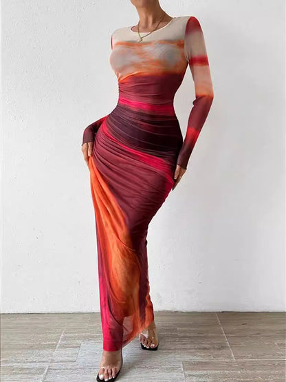 Bodycon Long Sleeves Gauze Gradient Pleated Printed See-Through Round-Neck Maxi Dresses
