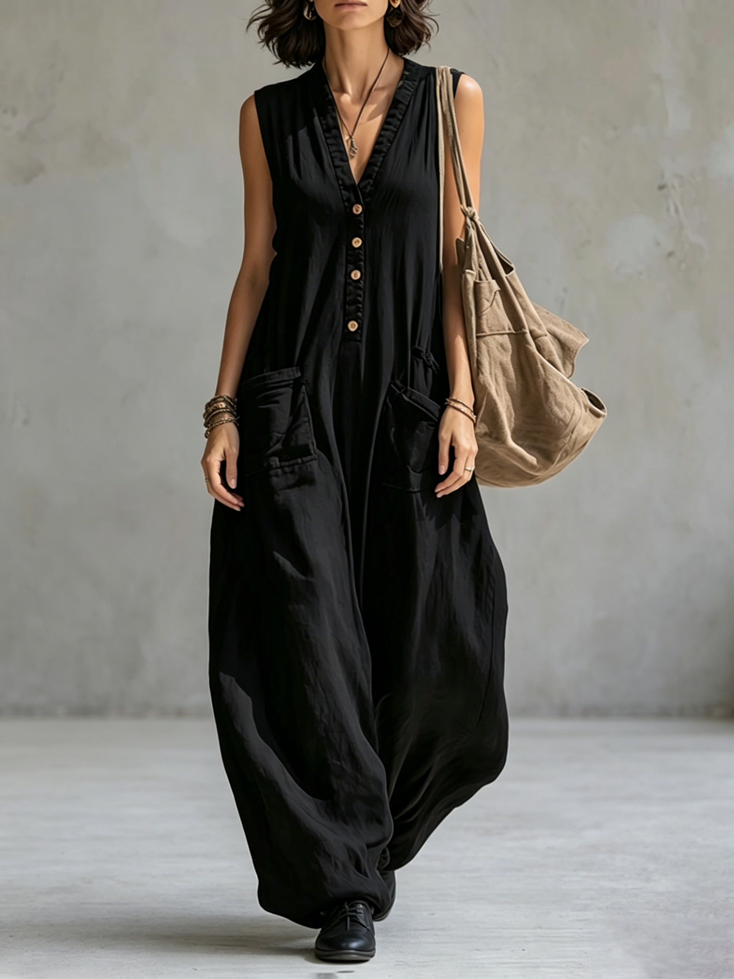 Sleeveless Wide Leg Buttoned Pockets Solid Color V-Neck Jumpsuits