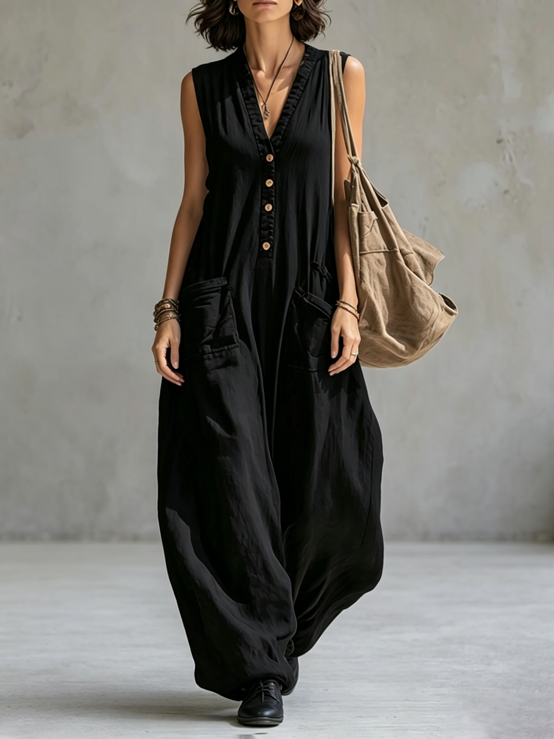 Sleeveless Wide Leg Buttoned Pockets Solid Color V-Neck Jumpsuits