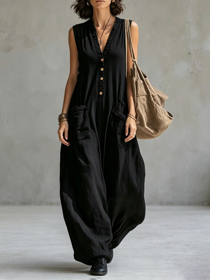 Sleeveless Wide Leg Buttoned Pockets Solid Color V-Neck Jumpsuits
