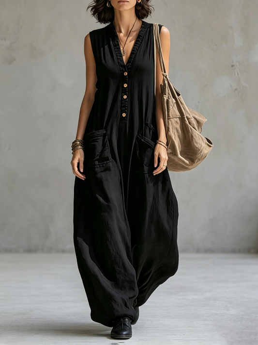 Sleeveless Wide Leg Buttoned Pockets Solid Color V-Neck Jumpsuits