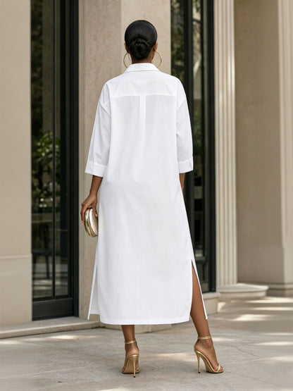 Split-side Pockets Flower Print Contrast Color Buttoned Three-quarter Sleeves Loose Lapel Shirt Dress Maxi Dresses