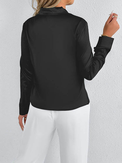 Long Sleeves Loose Solid Color Split-Joint Streamer Scarf Collar Blouses&Shirts Tops