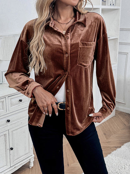 Long Sleeves Loose Buttoned Pockets Solid Color Split-Joint Velvet Lapel Blouses&Shirts Tops