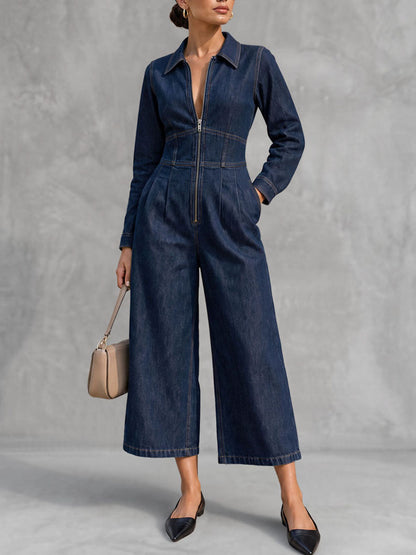 Zipper Split-Joint Solid Color Pockets Wide Leg Long Sleeves Lapel Jumpsuits
