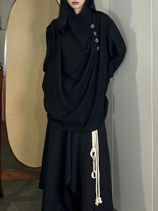 Long Sleeves Loose Asymmetric Pleated Split-Joint High Neck Blouses&Shirts Tops