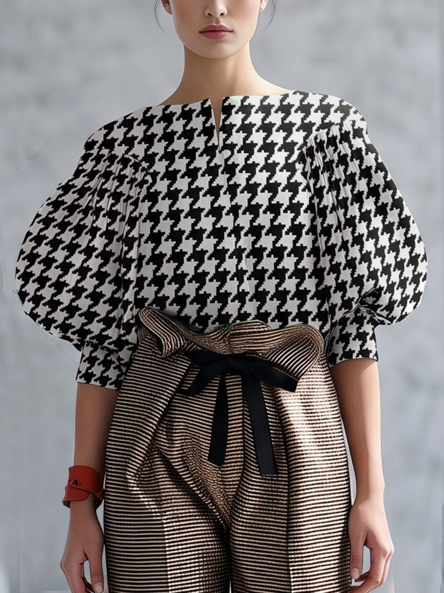 Split-Joint Printed Houndstooth Contrast Color Puff Sleeves Loose Boat Neck Blouses&shirts Tops