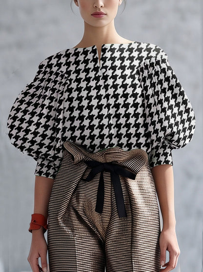 Split-Joint Printed Houndstooth Contrast Color Puff Sleeves Loose Boat Neck Blouses&shirts Tops