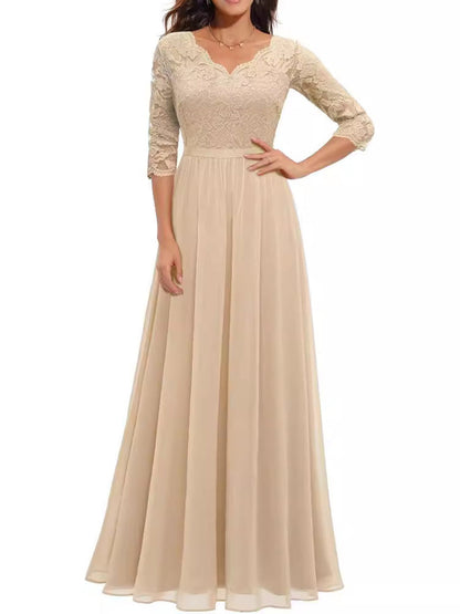 A-Line High Waisted Pleated See-Through Solid Color Split-Joint V-Neck Maxi Dresses