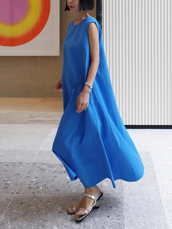 Loose Sleeveless Asymmetric Drawstring Pleated Solid Color Tied Round-Neck Midi Dresses