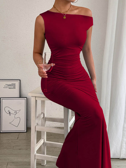 Bodycon High Waisted Asymmetric Pleated Solid Color Split-Side One-Shoulder Maxi Dresses