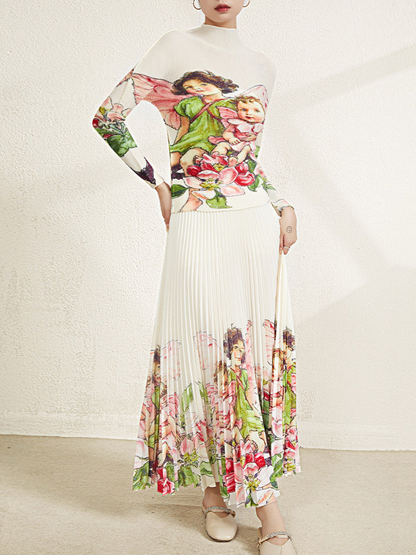 Long Sleeves Printed Mock Neck T-Shirt Top + Pleated A-Line Skirts Bottom Two Pieces Set