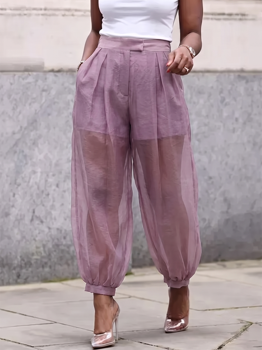 Split-Joint Solid Color Pockets Pleated Buttoned High Waisted Trousers Pants