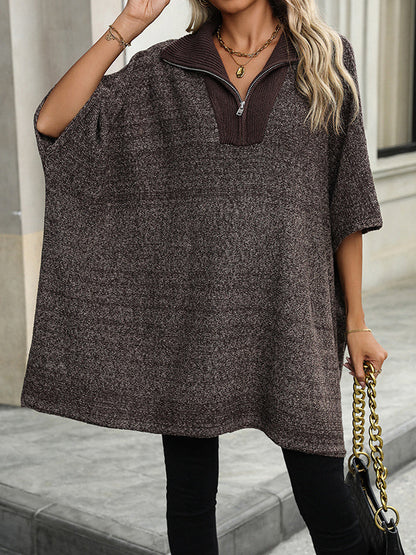 Loose Three-Quarter Sleeves Split-Joint Zipper V-Neck Sweater Tops