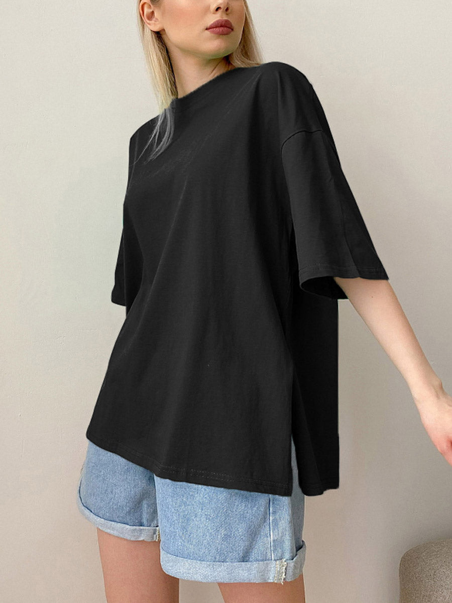 Loose Short Sleeves Solid Color Split-Side Round-Neck T-Shirts Tops