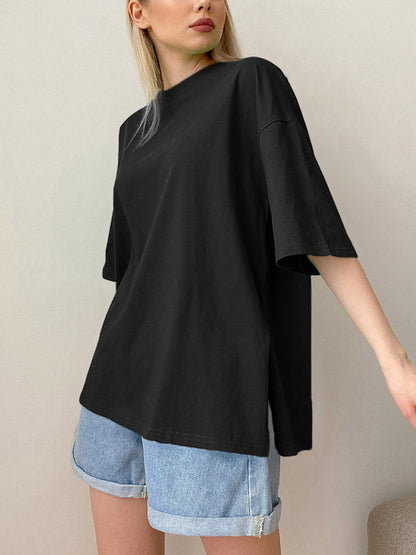Loose Short Sleeves Solid Color Split-Side Round-Neck T-Shirts Tops