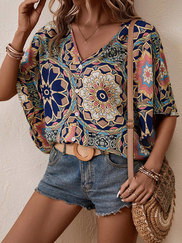 Batwing Sleeves Loose Buttoned Flower Print V-Neck Blouses&Shirts Tops